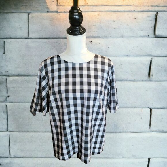 a new day Tops - A New Day Black and White Checkered Short Bell Sleeved Blouse in Size Large
